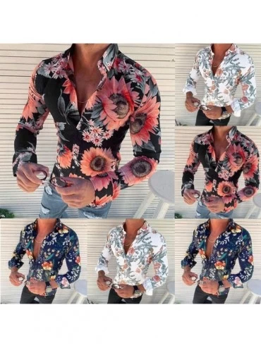 Thermal Underwear Men's Floral Dress Shirt Long Sleeve 70s Printed Casual Button Down Paisley Top - Navy - C718A485OK8 $26.14