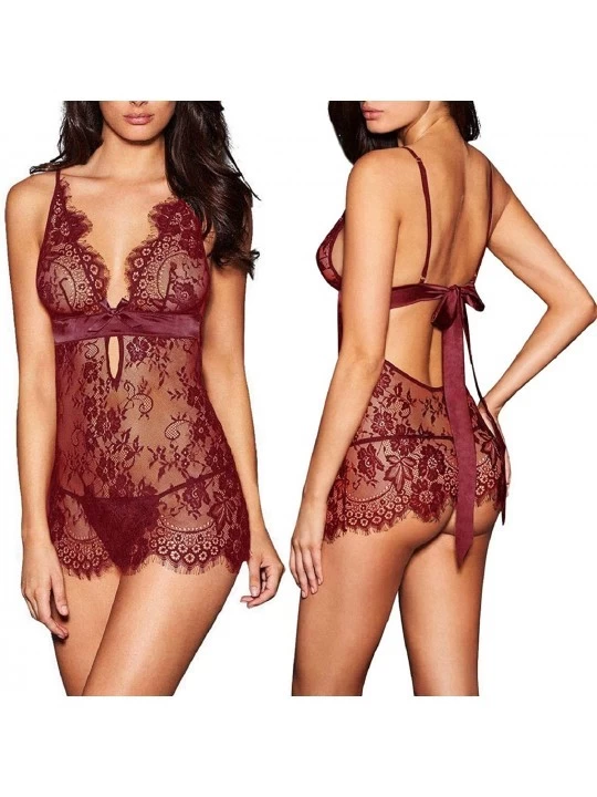 Baby Dolls & Chemises Women Sexy Lingerie Black Eyelash Lace Chemise Babydoll Nightwear - Wine Red - C318E7OXMIY $18.64