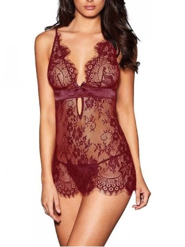 Baby Dolls & Chemises Women Sexy Lingerie Black Eyelash Lace Chemise Babydoll Nightwear - Wine Red - C318E7OXMIY $18.64