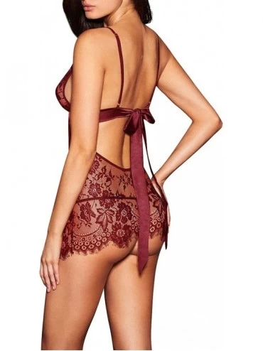 Baby Dolls & Chemises Women Sexy Lingerie Black Eyelash Lace Chemise Babydoll Nightwear - Wine Red - C318E7OXMIY $18.64