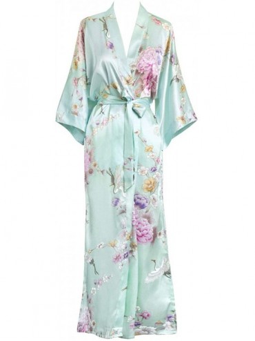 Robes Women's Satin Kimono Robe Long - Floral - Chrysanthemum & Crane - Mist - C418Q5DG70S $37.35