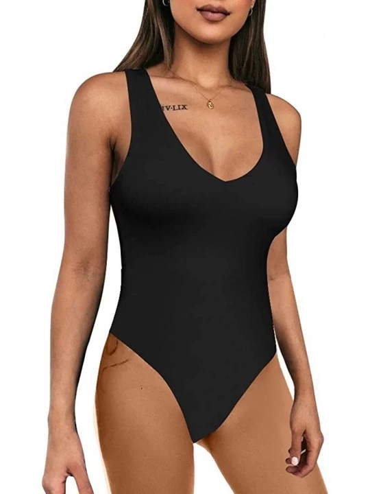 Shapewear Women's Sexy Bodycon Basic V Neck Sleeveless Party One Piece Leotrad Bodysuit - Black - CX18SKW9UZ7 $15.54