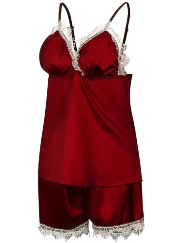 Robes Women Sexy Lace Lingerie Nightwear Underwear Babydoll Short Sleepwear Set - Red - CS197EQ5MS8 $10.83