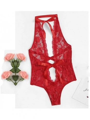 Baby Dolls & Chemises Fashion Women Sexy Lingerie Girl Low Back Cross Floral Lace Sleepwear Babydoll - Red - CS18NU5HI76 $7.51