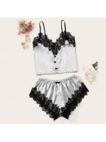 Slips Women V-Neck Silk Lace Sexy Stain Backless Camisole Pajamas Sleepwear Shorts Set - Gray - CX18YIHA6ZY $10.77