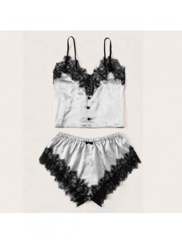 Slips Women V-Neck Silk Lace Sexy Stain Backless Camisole Pajamas Sleepwear Shorts Set - Gray - CX18YIHA6ZY $10.77