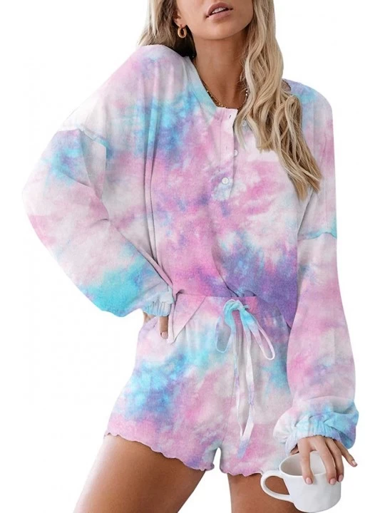 Sets Women Pajamas Set Tie Dye Printed Short Sleeve Shirt and Pants PJ Sets Sleepwear Nightwear Loungewear - Long Sleeve-purp...