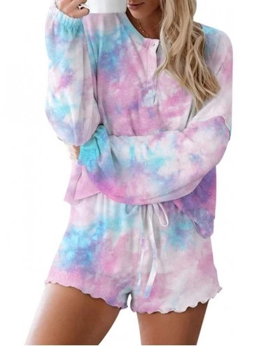 Sets Women Pajamas Set Tie Dye Printed Short Sleeve Shirt and Pants PJ Sets Sleepwear Nightwear Loungewear - Long Sleeve-purp...