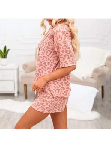 Sets Women's Pajama Sets Leopard Print Lounge Wear Sleepwear Nightwear with Ruffle Shorts Two Piece Romper Set - Pink - CU198...