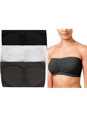 Bras Women's 3 Pack Plus Size Removable Pads Ruched Bandeau Tube Bras - Black- White- Mid Grey - CW18RD9R3TL $15.73