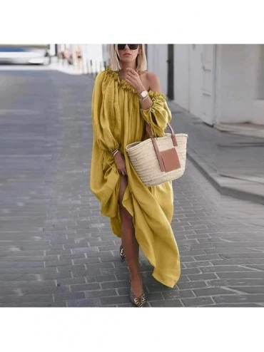 Nightgowns & Sleepshirts Women's Off Shoulder Summer Long Sleeve Casual Long Ruffle Beach Maxi Dress - Yellow - CQ18XNQXR9S $...