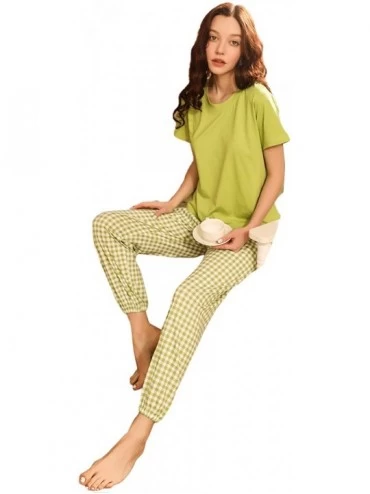 Sets Women's Cartoon Graphics Print Pajama Set Round Neck Tee and Pants Sleepwear - Grid Green - CO197X89Y28 $20.69