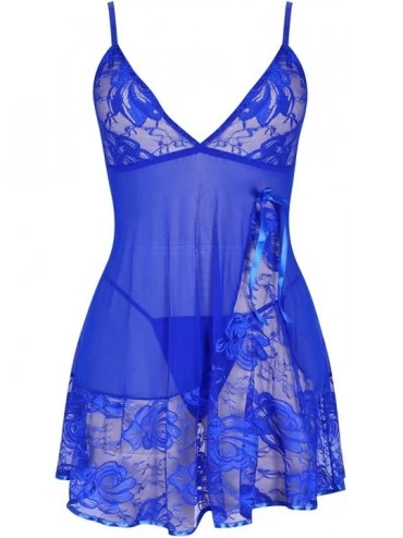 Baby Dolls & Chemises Womens Plus Size V Neck Lace Lingerie Babydoll Mesh Chemise Sleepwear - Blue - C918HQ3RE79 $24.14