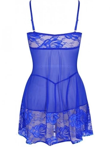 Baby Dolls & Chemises Womens Plus Size V Neck Lace Lingerie Babydoll Mesh Chemise Sleepwear - Blue - C918HQ3RE79 $24.14