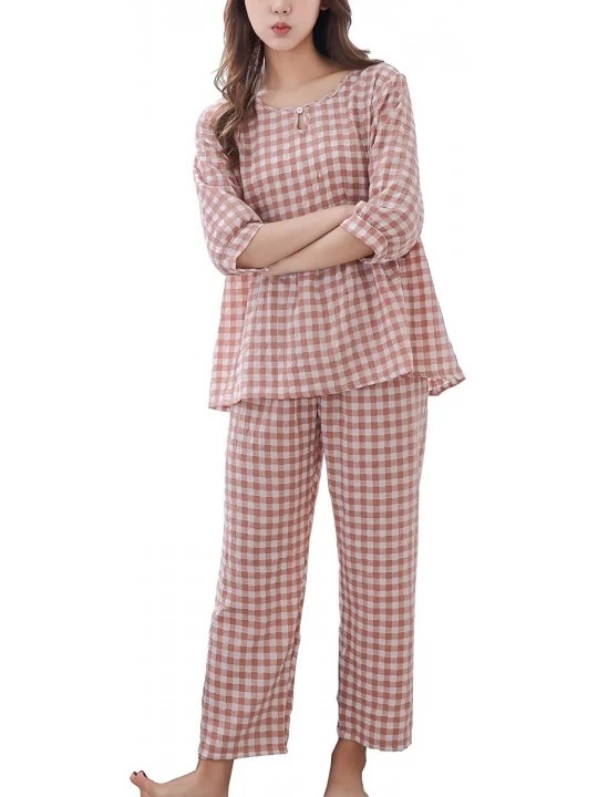 Sets Summer Plaid Sleepwear for Women Girls 3/4 Sleeve Pajamas Set Short Sleeve Nightdress - Orange - CY18TS0HYED $19.59