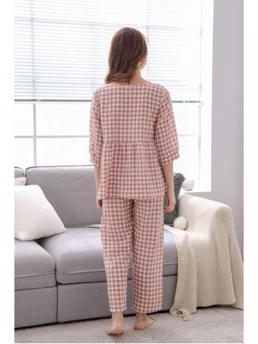 Sets Summer Plaid Sleepwear for Women Girls 3/4 Sleeve Pajamas Set Short Sleeve Nightdress - Orange - CY18TS0HYED $19.59