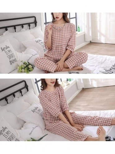 Sets Summer Plaid Sleepwear for Women Girls 3/4 Sleeve Pajamas Set Short Sleeve Nightdress - Orange - CY18TS0HYED $19.59