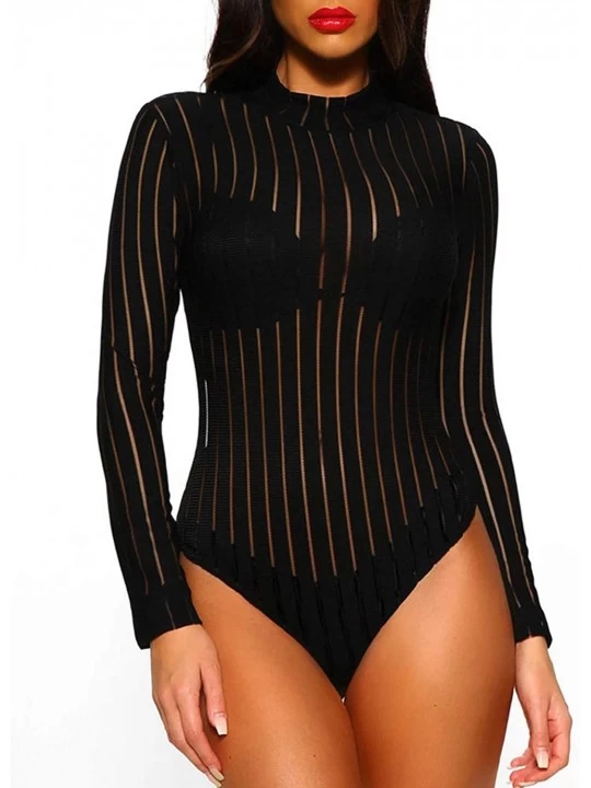 Shapewear Women's Sexy Black Sheer Mesh Rhinestone Long Sleeve Jumpsuit Bodysuits Clubwear - Black Vertical Stripe - CD197XH0...