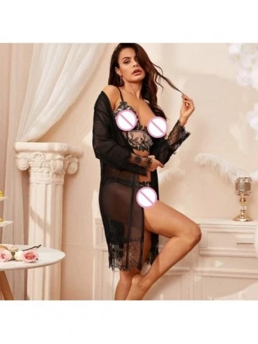 Baby Dolls & Chemises Dresses Lace Nightdress Woman Babydoll Transparent Sexy Cardigan Pajamas Dress - Black - C519832XT65 $1...