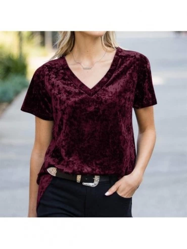 Baby Dolls & Chemises Velvet Short Sleeve Top-Women's V Neck Summer Crushed Mini Short Blouse-Soft Sweatshirt Pullover Slouch...