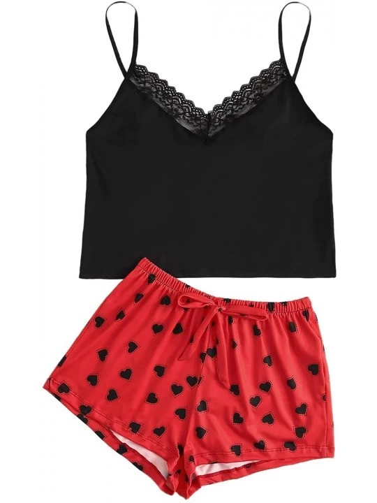 Sets Women's Sleepwear Set Heart Print Cami Top and Elastic Waist Short Pajama Set - Red - CE1985RQ0OY $24.40