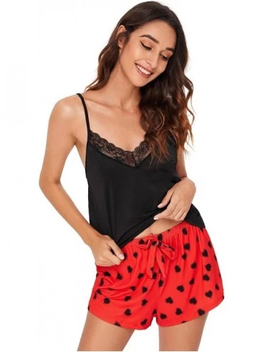 Sets Women's Sleepwear Set Heart Print Cami Top and Elastic Waist Short Pajama Set - Red - CE1985RQ0OY $24.40