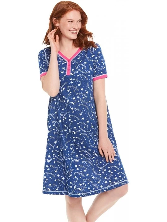 Nightgowns & Sleepshirts Women's Plus Size Short Henley Sleepshirt Nightgown - Evening Blue Stars (1342) - CP19DD6KQUX $21.75