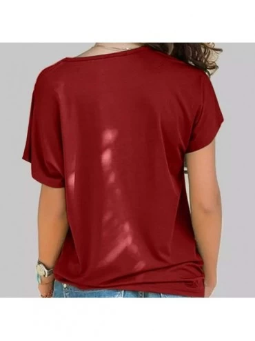 Tops T-Shirt Blouse- Ms. Women Casual Cross Shoulder Irregular Short Sleeve - F-wine - C61944RELT3 $18.64
