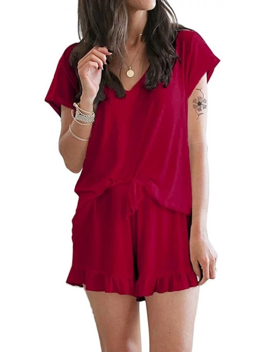 Sets Womens Short Pajama Set Loose Top and Shorts Sleepwear Nightwear Loungewear PJ Set - Solid Color-red - CG19CKUCDRN $25.21