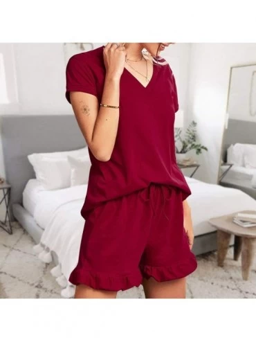 Sets Womens Short Pajama Set Loose Top and Shorts Sleepwear Nightwear Loungewear PJ Set - Solid Color-red - CG19CKUCDRN $25.21