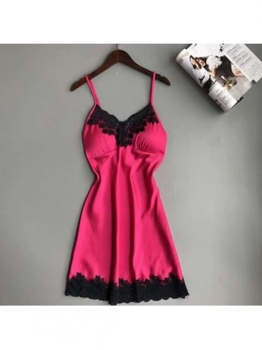 Nightgowns & Sleepshirts Women Nightwear Satin Sleepwear Lace Chemises Mini Slip Valentine Gift for Wife - Hot Pink - CL1945U...