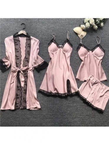 Sets Women Pajamas Sets Satin Sleepwear Silk 4 Pieces Nightwear Pyjama Spaghetti Strap Lace Sleep Lounge Pijama - 5 - CC19082...