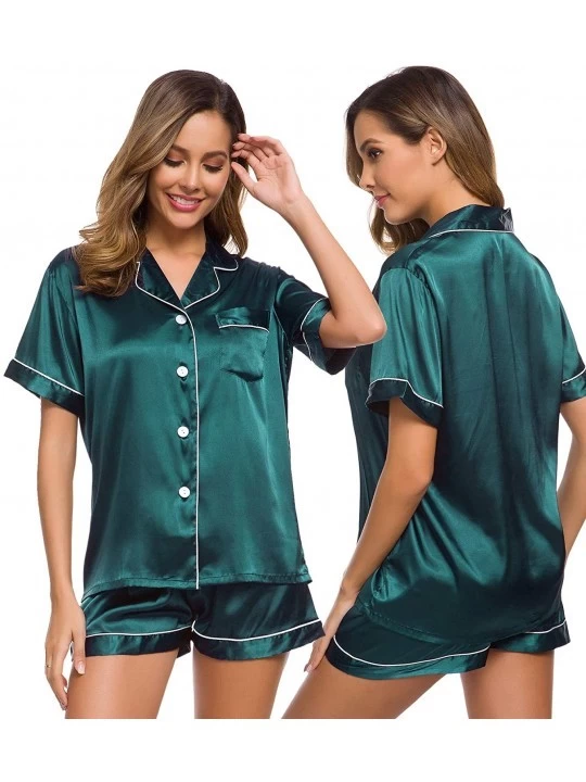 Sets Womens Silk Satin Pajamas Set Two-Piece Pj Sets Sleepwear Loungewear Button-Down Pj Sets - Deep Green - CB198RGKZAA $19.53