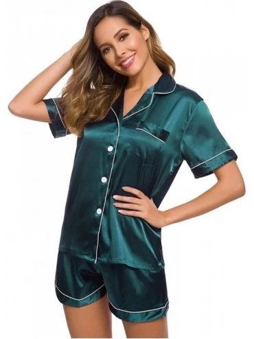 Sets Womens Silk Satin Pajamas Set Two-Piece Pj Sets Sleepwear Loungewear Button-Down Pj Sets - Deep Green - CB198RGKZAA $19.53