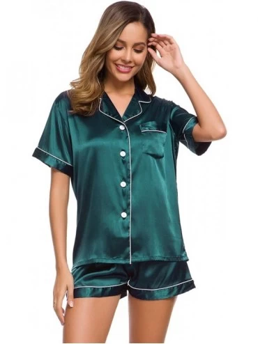 Sets Womens Silk Satin Pajamas Set Two-Piece Pj Sets Sleepwear Loungewear Button-Down Pj Sets - Deep Green - CB198RGKZAA $19.53