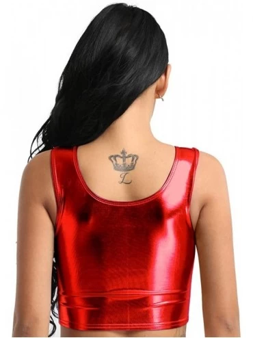 Baby Dolls & Chemises Women's Metallic Tanks Crop Top Vest Slim Fitted Bustier Blouse Shirt - Red - C018NGWISQX $17.10