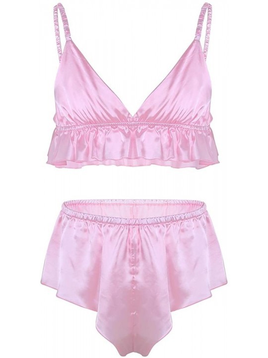 Mens Silky Satin Sissy Lingerie Set Bikini Bra Top With Girlie Skirted Panties Nightwear Pink 2743