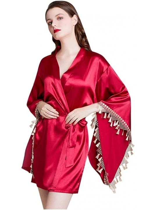 Robes Women Satin Robe Sexy Lace V-Neck Solid Color Silky Kimono Bathrobe Nightgown Sleepwear - Wine - CY194TE4287 $18.88