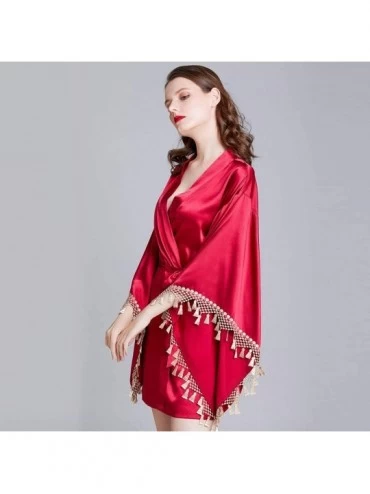 Robes Women Satin Robe Sexy Lace V-Neck Solid Color Silky Kimono Bathrobe Nightgown Sleepwear - Wine - CY194TE4287 $18.88