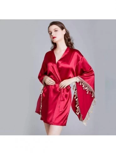 Robes Women Satin Robe Sexy Lace V-Neck Solid Color Silky Kimono Bathrobe Nightgown Sleepwear - Wine - CY194TE4287 $18.88