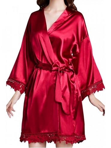 Robes Women's Satin Plain Short Kimono Robe Lace Bathrobe Bridesmaids Lingerie Robes - Wine - CG198360GHR $17.00