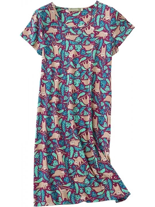 Nightgowns & Sleepshirts Women's Cotton Nightgown Sleepwear Short Sleeves Shirt Casual Print Sleepdress - Sloth - CD198XG9WN5...