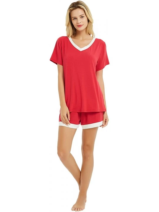 Sets Women's Pajama Set Short Sleeve V-Neck Soft Sleepwear and Shorts PJS Sets Nightwear Loungewear - Red - CK18SAKNURL $20.78