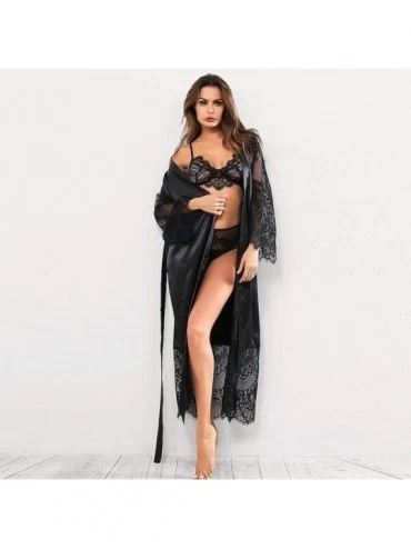 Robes Women Silk Lace Satin Kimono Bathrobe Lingerie Long Sleepwear Belt Pajamas - Black - CJ18TEH67RA $17.95