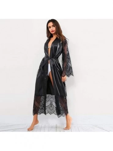 Robes Women Silk Lace Satin Kimono Bathrobe Lingerie Long Sleepwear Belt Pajamas - Black - CJ18TEH67RA $17.95