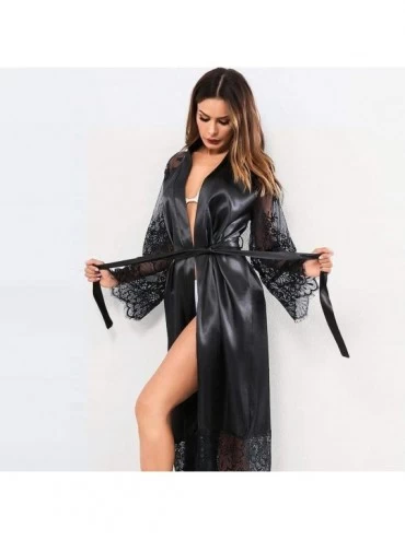 Robes Women Silk Lace Satin Kimono Bathrobe Lingerie Long Sleepwear Belt Pajamas - Black - CJ18TEH67RA $17.95