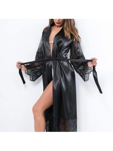 Robes Women Silk Lace Satin Kimono Bathrobe Lingerie Long Sleepwear Belt Pajamas - Black - CJ18TEH67RA $17.95