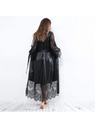 Robes Women Silk Lace Satin Kimono Bathrobe Lingerie Long Sleepwear Belt Pajamas - Black - CJ18TEH67RA $17.95