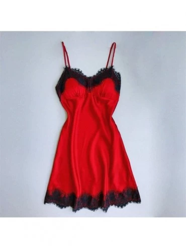 Baby Dolls & Chemises Women Sexy Lace Sleepwear Sling V-Neck Chemise Silk Nightgown Lingerie Sleepwear Dress - Red - CN18R7LK...