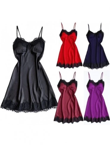 Baby Dolls & Chemises Women Sexy Lace Sleepwear Sling V-Neck Chemise Silk Nightgown Lingerie Sleepwear Dress - Red - CN18R7LK...